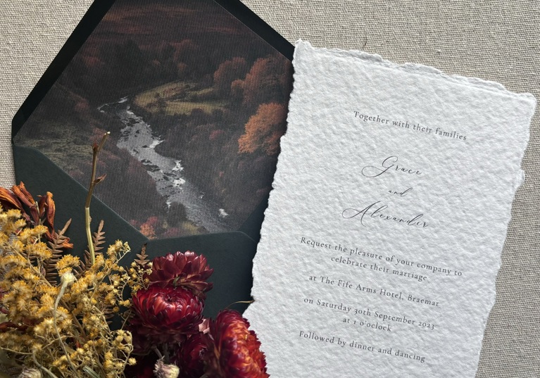 Black romantic collection invite with deckled edging and fine art envelope liner